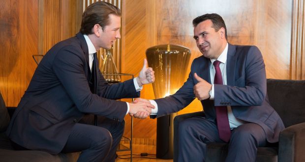 Macedonian prime minister Zoran Zaev (right) with Austrian chancellor Sebastian Kurz in Vienna last month. Photograph: Florian Wieser/EPA