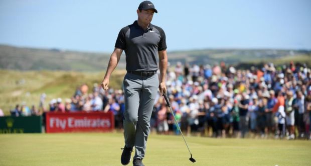 Rory McIlroy reacts to a missed putt making bogey on the ninth green during the second round of the Dubai Duty Free Irish Open at Ballyliffin Golf Club. Photo: Ross Kinnaird/Getty Images