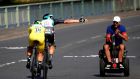  Bora Hansgrohe team riders Peter Sagan of Slovakia (left) and Macus Burghardt of Germany  during the 35.5km team time trial in  Stage Three  of the Tour de France.  Photograph:  EPA/Yoan Valat