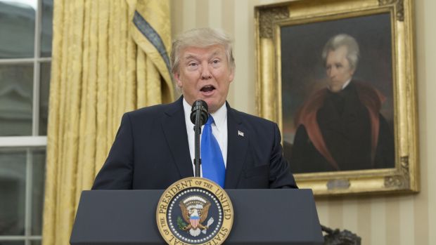 US President Donald Trump, beneath a portrait of populist President Andrew Jackson, speaks in the Oval Office of the White House. Photograph: Michael Reynolds-Pool/Getty Images.