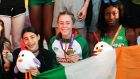 Ireland’s Sophie O’Sullivan, Sarah Healy and Rhasidat Adeleke  with their medals at Gyor, Hungary. Photograph: Sasa Pahic Szabo/Inpho