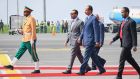 Eritrea’s president Isaias Afwerki  walks with prime minister of Ethiopia Abiy Ahmed upon his arrival at Bole International Airport in Addis Ababa, Ethiopia. Photograph: Stringer/EPA