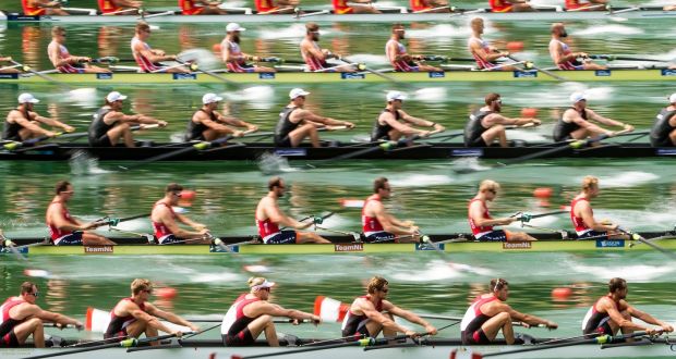 The rowing teams of Canada, Netherlands, New Zealand, Poland and China (bottom to top) in action during the men’s eight at the rowing World Cup. Photograph:  Alexandra Wey/EPA