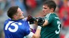 Monaghan’s Conor McManus and David Hyland of Kildare during their Super 8s round 1 match at Croke Park. Photograph: James Crombie/Inpho