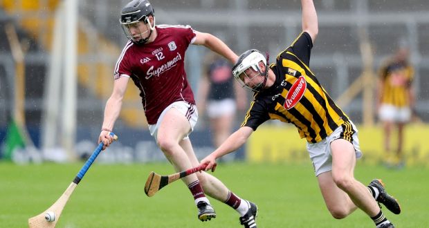 Galway’s Oisín Flannery in action against  Jamie Harkin of Kilkenny during the   All-Ireland minor hurling  quarter-final round 2 game at  Semple Stadium. Photograph: Oisín Keniry/Inpho