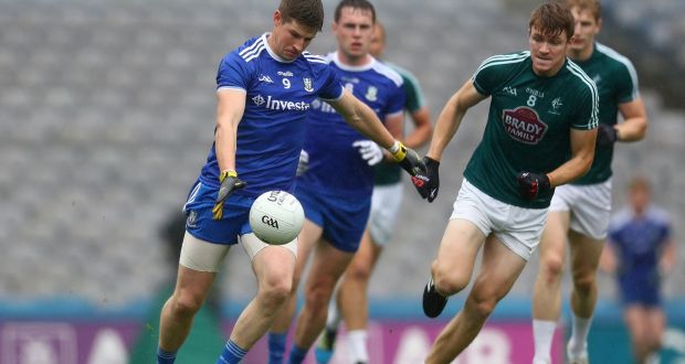 Darren Hughes of Monaghan and Kildare’s Kevin Feely in the first round-robin weekend, in front of plenty of empty seats in Croke Park. Photograph: James Crombie/Inpho
