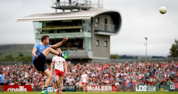 Dublin’s Dean Rock takes a free during the All-Ireland SFC quarter-final Super 8s game against Tyrone at  Healy Park in  Omagh. Photograph: Ryan Byrne/Inpho