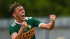 David Clifford celebrates after scoring Kerry’s late goal in the All-Ireland quarter-final Super 8 game against Monaghan at St Tiernach’s Park in Clones. Photograph:  Philip Fitzpatrick/Sportsfile via Getty Images