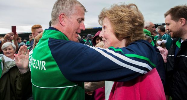 Limerick manager John Kiely celebrates with his mother Breda after the quarter-final victory over Kilkenny in Thurles. Photograph: Tommy Dickson/Inpho 