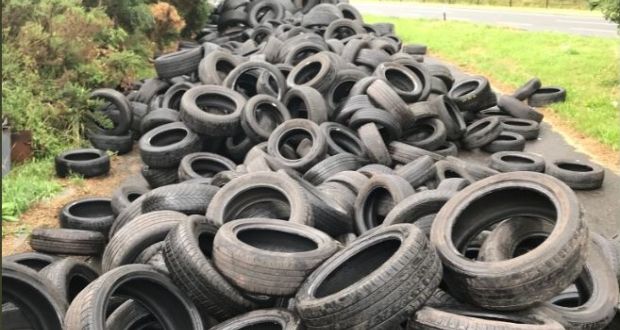 Some of the tyres found at a disused customs weighbridge between Carrickarnon and Ravensdale junctions. Photograph: Cllr Antóin Watters