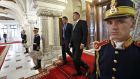 Taoiseach Leo Varadkar is welcomed by Romanian president Klaus Iohannis during their official meeting at Cotroceni Presidential Palace in Bucharest, last week.  Photograph: Robert Ghement/EPA