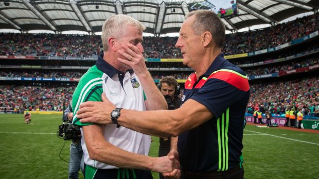 Limerick boss John Kiely shakes hands with opposite number John Meyler after his side’s win over Cork. Photograph: Oisin Keniry/Inpho