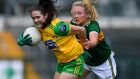 Donegal’s  Katy Herron in action against Deirdre Kearney of Kerry during the TG4 All-Ireland Ladies Football Senior Championship qualifier  at Dr Hyde Park in Roscommon. Photo by Brendan Moran/Sportsfile 