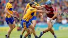 Clare’s Tony Kelly, Peter Duggan and Jack Browne tackle Galway’s Johnny Coen at Croke Park. Photograph: James Crombie/Inpho