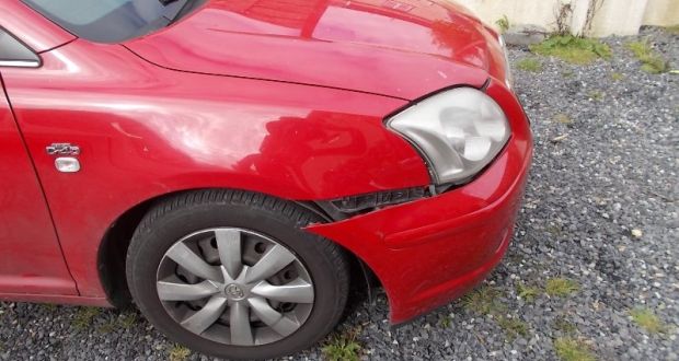 The damaged fender on the Toyota Avensis car, as seen 10 days after the Tuam Road incident, but not visible, according to paramedics, in the immediate aftermath  of the incident.