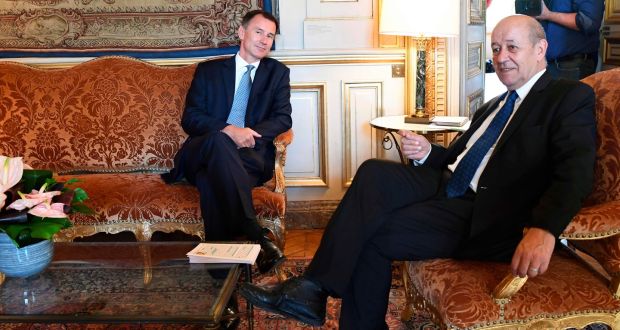 British foreign secretary Jeremy Hunt with his French counterpart, Jean-Yves Le Drian, in Paris on Tuesday. Photograph: Alain Jocard/AFP/Getty Images