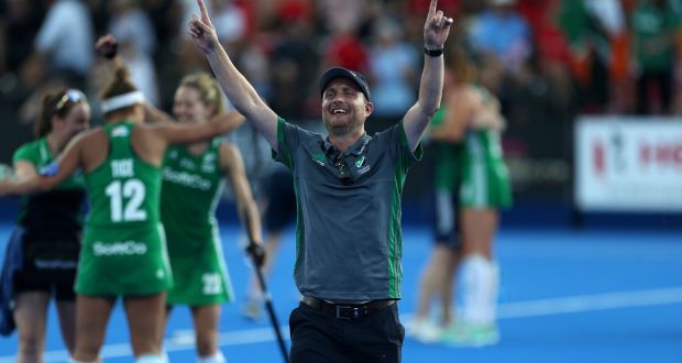 Coach Graham Shaw celebrates after Ireland’s victory over India in the World Cup  quarter-final  in London. Photograph:  Steven Paston/PA Wire