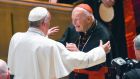 Pope Francis reaches to hug prominent US archbishop emeritus Theodore McCarrick back in 2015:  McCarrick has resigned following allegations of sexual abuse. Photograph: Jonathan Newton/The Washington Post 