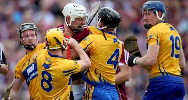Tempers flare between Clare’s Jack Browne and Joe Canning of Galway. Photograph:  ©INPHO/Bryan Keane