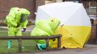 Personnel  secure a tent covering a bench in the Maltings shopping centre in Salisbury as they investigate the poisoning of Russian former spy Sergei Skripal and his daughter Yulia in March. File photograph: Andrew Matthews/PA Wire