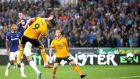 Wolverhampton Wanderers’ Raul Jimenez  scores his side’s second goal of the   Premier League match against Everton at Molineux. Photograph:  Nick Potts/PA Wire