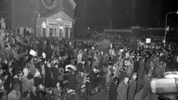 Crowds outside Our Lady of Lourdes, Seán McDermott Street in 1979 waiting for Pope John Paul II. Photograph: Dublin City Council photographic collection