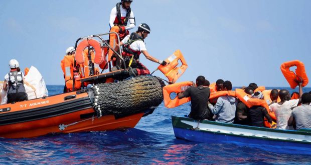 Migrants being rescued by the Aquarius team in the Mediterranean Sea. Photograph: Médicins Sans Frontières/EPA