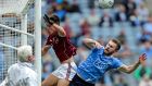 Jack McCaffrey is denied a goal by Galway’s Sean Kelly during the semi-final at Croke Park. Photograph: Laszlo Geczo/Inpho