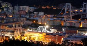 A general view of the collapsed Morandi Bridge in  Genoa, Italy. Photograph: Stefano Rellandini/Reuters