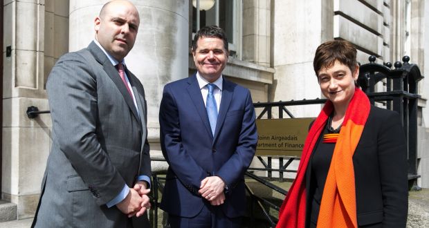 Minister for Finance Paschal Donohoe (centre) with Stephen Nolan, chief executive of Sustainable Nation Ireland, and Kirsten Dunlop, chief executive of EIT Climate-KIC. Photograph: Shane O’Neill