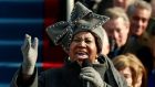 Aretha Franklin sings during the inauguration ceremony for  Barack Obama in Washington, January 20th, 2009. The grey hat  is now on display in  the Smithsonian Institution. Photograph: Jason Reed/Reuters