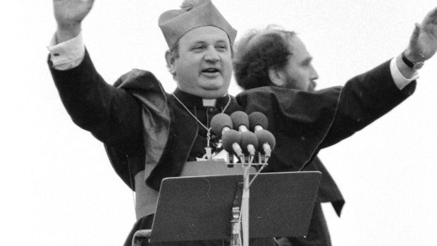 Bishop Eamonn Casey and, behind him, Fr Michael Cleary entertaining the crowd at Ballybritt racecourse, Galway, before Pope John Paul II’s arrival, 1979. Photograph: Peter Thursfield
