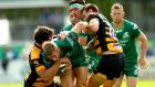 Connacht’s Kyle Godwin is tackled by Charlie Matthers and Ambrose Curtis of Wasps in a pre-season friendly at Dubarry Park, Athlone last Saturday. Photograph: James Crombie/Inpho