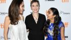 Angelina Jolie, Nora Twomey and Saara Chaudry attend the 2017 Toronto International Film Festical. Photograph: George Pimentel/WireImage