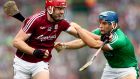 Limerick’s Mike Casey keeps a close eye on Galway’s Jonathan Glynn during the key match-up in the All-Ireland hurling final. Photograph: James Crombie/Inpho 