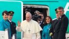 Pope Francis waves from the steps of his Aer Lingus jet  during a farewell ceremony upon his departure at Dublin Airport in Dublin on Sunday evening. Photograph: Paul Faith/AFP/Getty Images