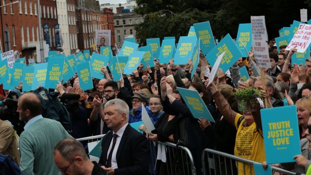 The Stand4Truth protest at the Garden of Remembrance to coincide with the Papal Mass at Phoenix Park. Photograph: PA