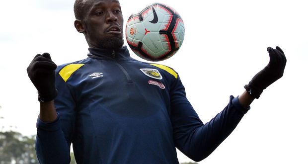 Usain Bolt training with A-League football club Central Coast Mariners in Gosford. He’s set for a taste of competitive football in a match on Friday. Photograph: Getty Images