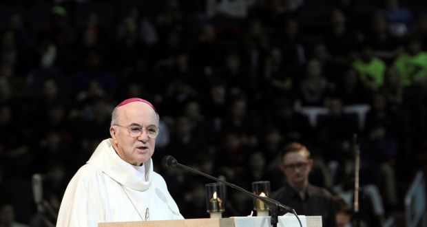 Archbishop Carlo Maria Vigano speaks during an anti-abortion youth Mass at the Verizon Center in Washington in 2015. File photograph: Gregory A Shemitz/Reuters