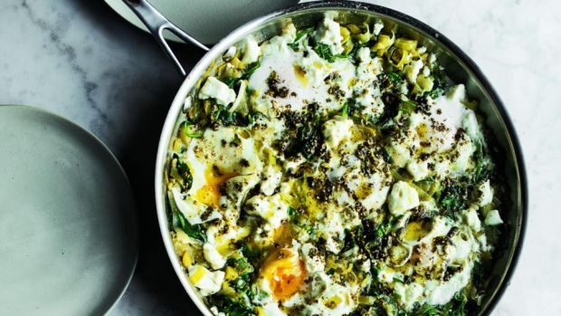 Braised eggs with leek and za’atar