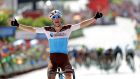 French rider Tony Gallopin of  Ag2r La Mondiale team crossing the finish line to win the 7th stage of La Vuelta.  August 31st. Photograph: EPA/Manuel Bruque