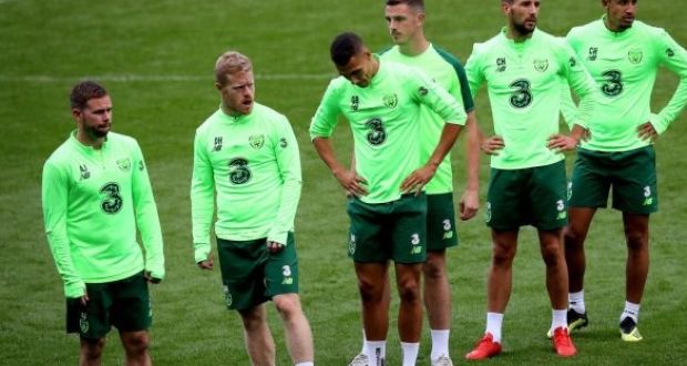 The Republic of Ireland team during a training session at the Cardiff City Stadium. Photograph: Inpho