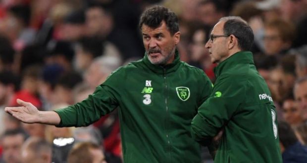 Republic of  Ireland assistant manager  Roy Keane and manager Martin O’Neill react to events on the pitch  during the humiliating Nations League defeat to Wales at  Cardiff City Stadium, Cardiff. Photograph: Getty Images  