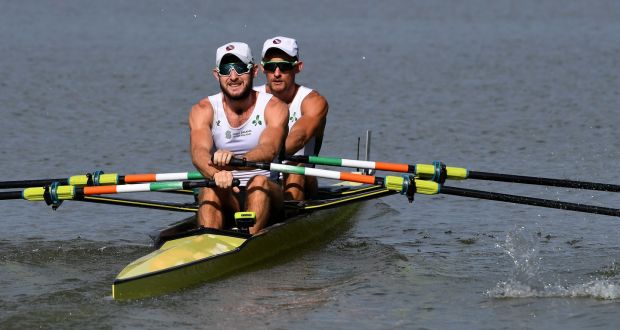 Ireland’s Gary O’Donovan and Paul O’Donovan finish first in the men’s lightweight double sculls heat 5  at the  World  Championships in  Plovdiv, Bulgaria. Photograph:  Detlev Seyb/Inpho
