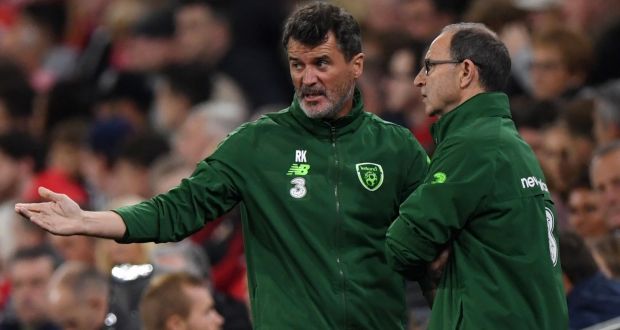 Ireland assistant manager, Roy Keane, speaks with Martin O’Neill during the Nations League defeat to Wales. Photo: Stu Forster/Getty Images