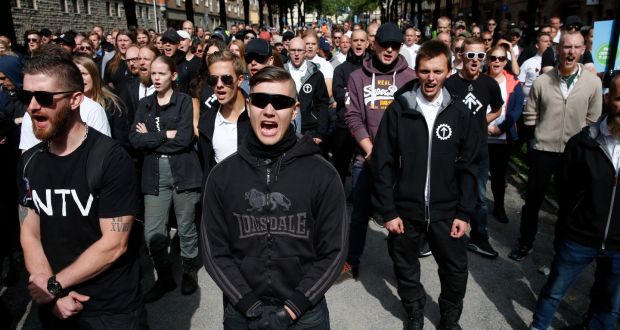  Supporters of the neo-Nazi Nordic Resistance Movement in Kungsholmstorg square, Stockholm, in August: a third of links shared via Twitter with Swedish political hashtags were  sensationalist, conspiratorial or designed to mislead.  Photograph: Fredrik Persson/EPA
