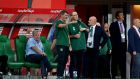 Ireland assistant manager Roy Keane and manager Martin O’Neill during the 1-1 friendly draw with Poland in Wroclaw. Photo: Ryan Byrne/Inpho