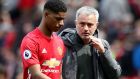 Manchester United forward Marcus Rashford  with manager José Mourinho.  Photograph: Martin Rickett/PA Wire