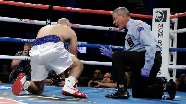 Gary ‘Spike’ O’Sullivan was stopped in the first round by David Lemieux on the undercard of Canelo v GGG in Las Vegas. Photograph: Isaac Brekken/AP