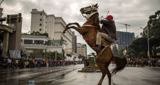 A horse rears in the street as major crowds gather to welcome returning leaders of the once-banned Oromo Liberation Front  in the Ethiopian capital Addis Ababa. Photograph: Mulugeta Ayene/AP Photo